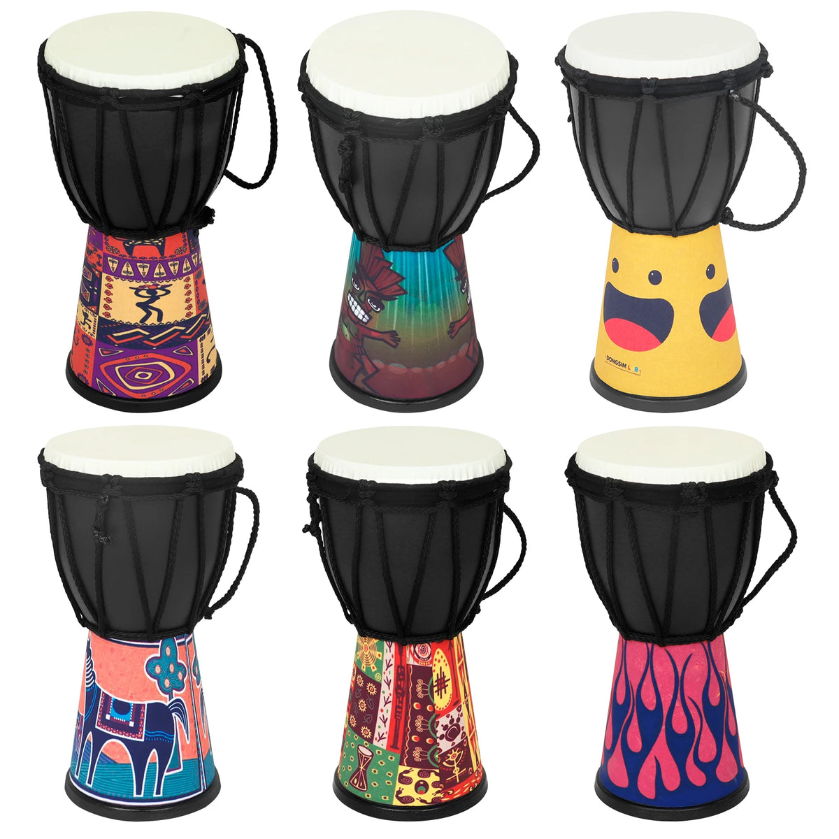 Four colorful hand drums in traditional djembe style with black bodies and decorative bases.