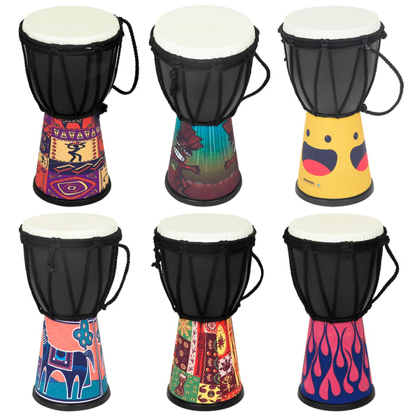 Four colorful hand drums in traditional djembe style with black bodies and decorative bases.