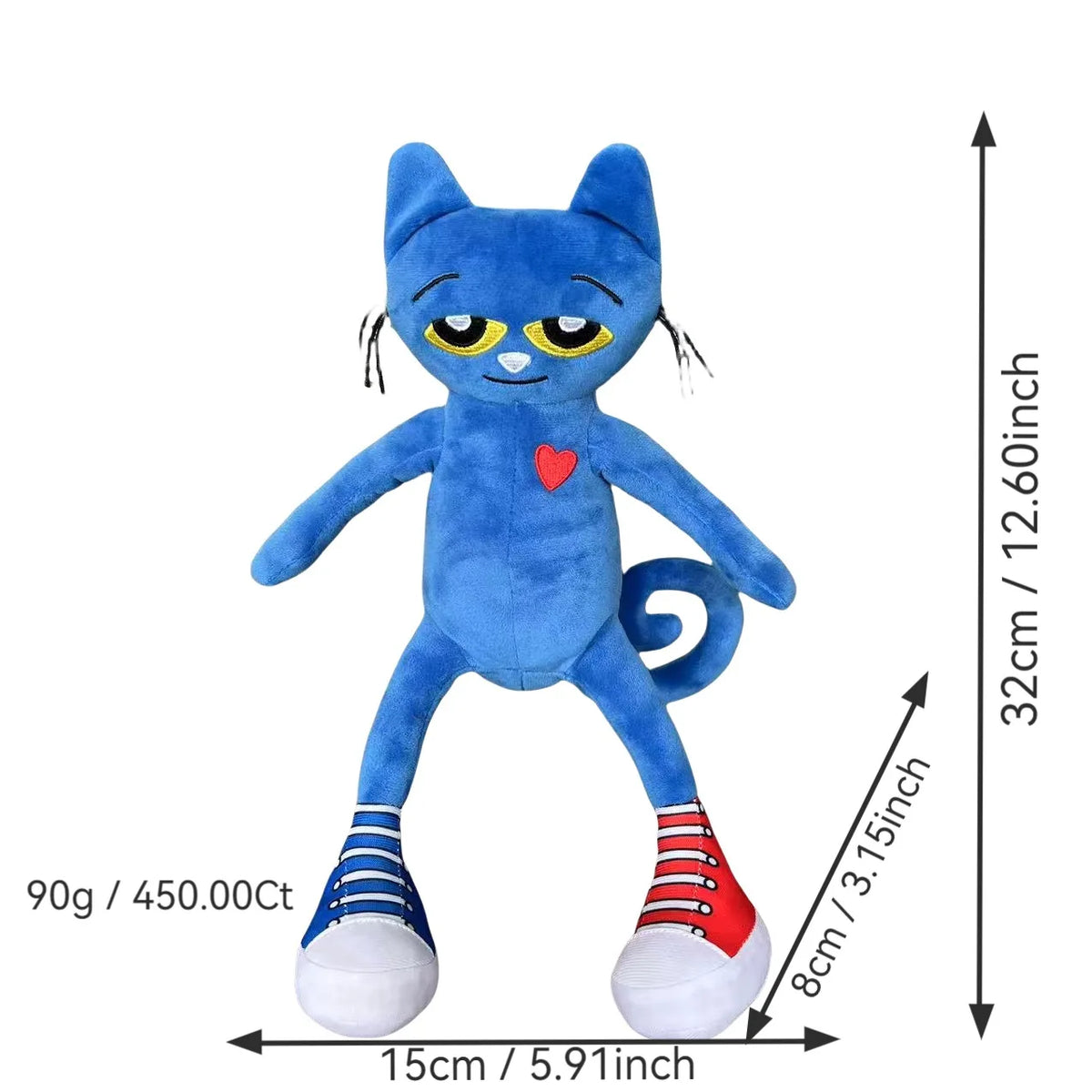 A blue cartoon cat plush toy with yellow eyes and a red heart on its chest, shown from the front.