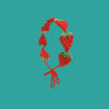 A red strawberry crochet headband with a wide elastic band against a teal background.