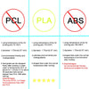 Comparison chart showing properties of PCL, PLA, and ABS filaments for 3D printing.