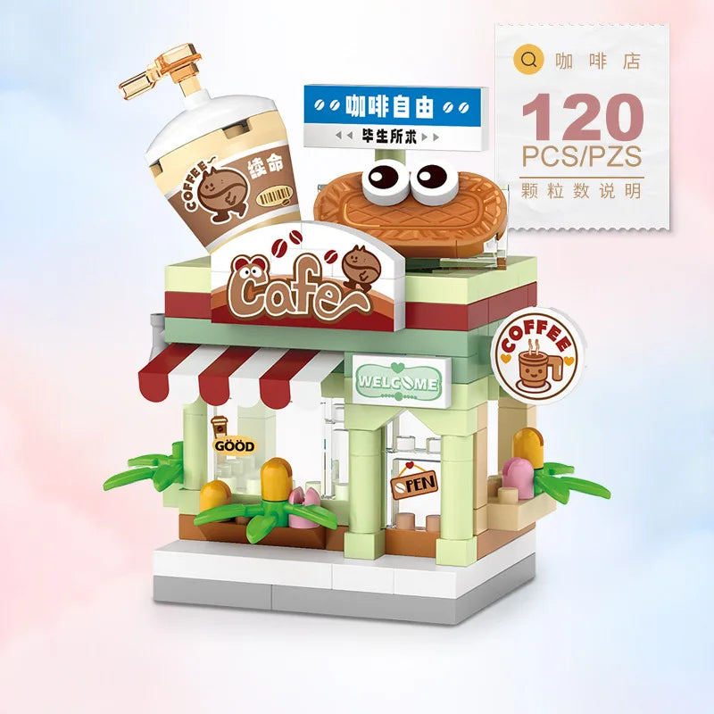 A miniature city shop building block set featuring a coffee shop facade with a sign and outdoor seating.