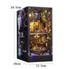A wooden book nook kit featuring a detailed miniature scene with warm LED lighting and intricate wooden elements.