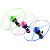 Glowing UFO spinning top toy with pull string featuring LED flying discs in green, pink, and blue colors.