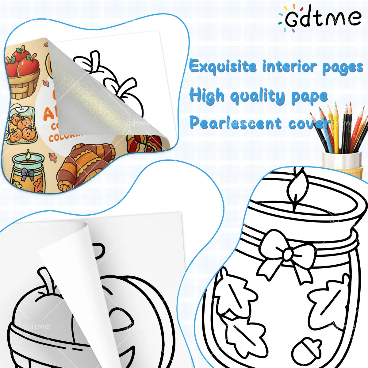 A coloring book featuring interior pages and a pearlescent cover with autumn-themed illustrations.