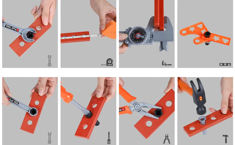 A set of kids tools including a battery-powered toy drill and various plastic tools used for building or crafting.