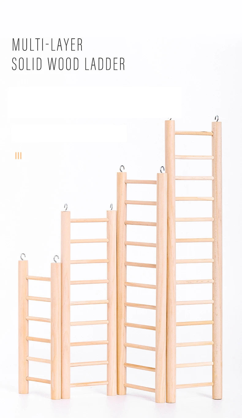 A multi-layer solid wood ladder used as a climbing structure or play gym for birds.