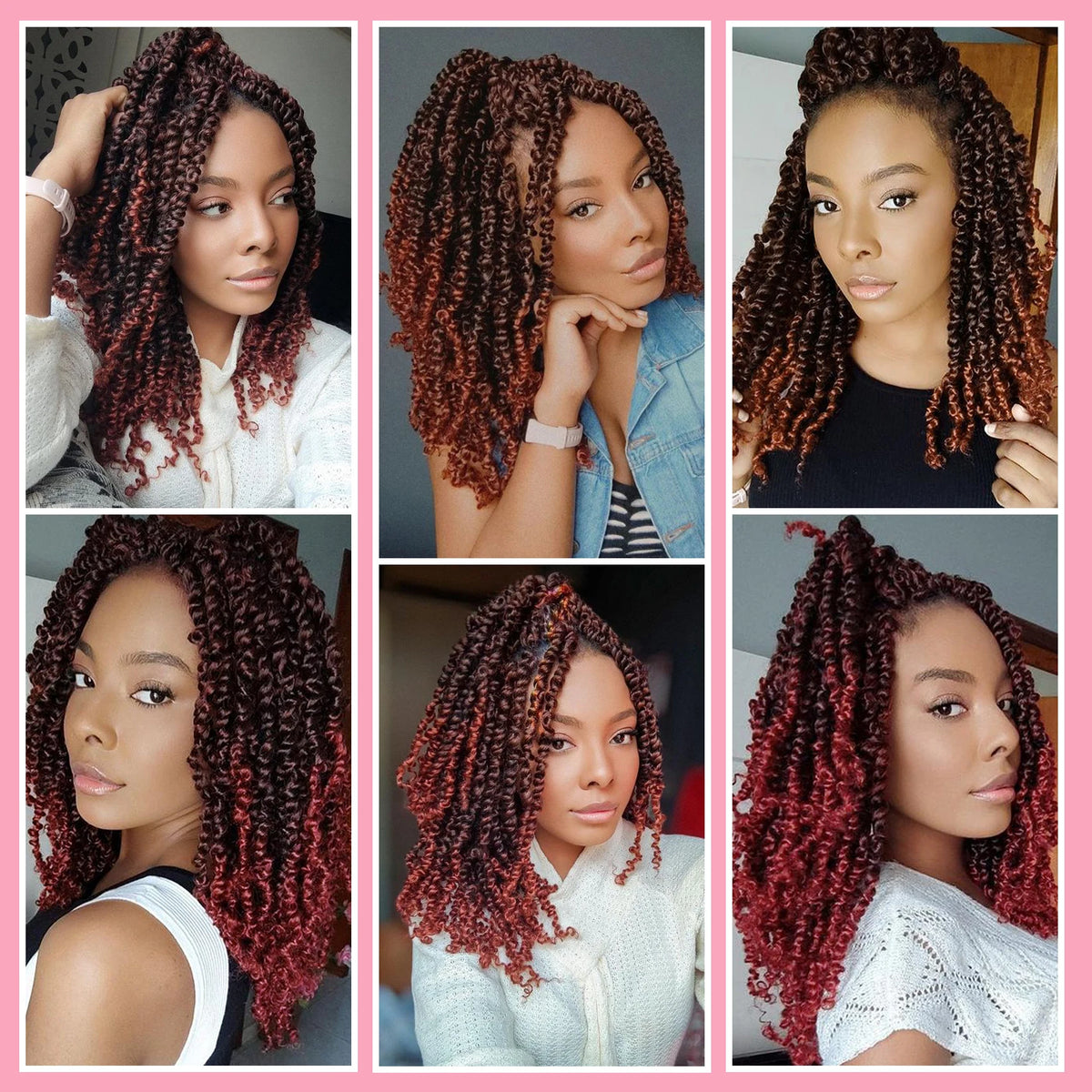 A collage of women showcasing various styles and lengths of pre-looped passion twist crochet hair in shades of red and brown.
