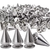 A pile of silver punk cone spike rivets for DIY fashion accessories.