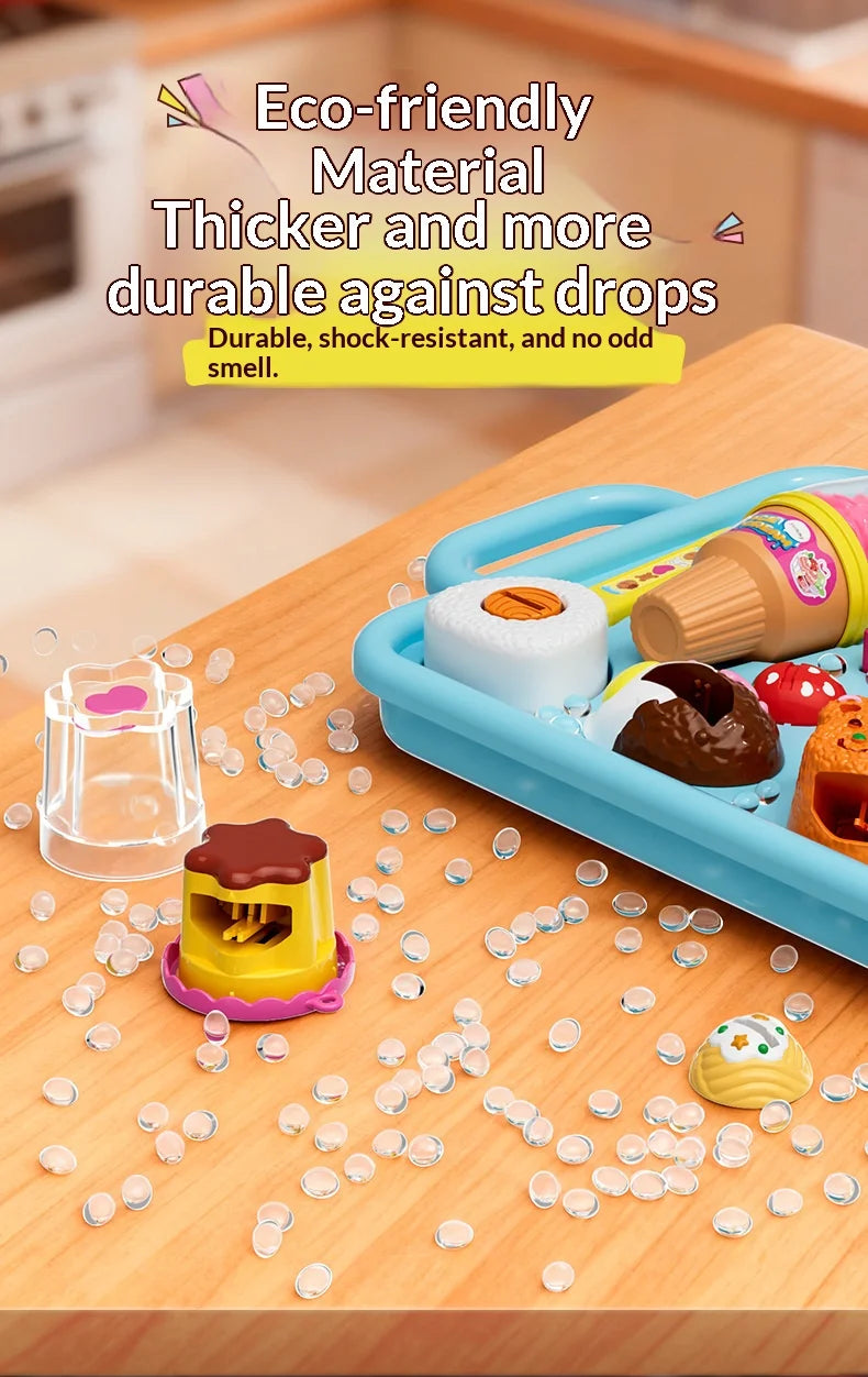 A blue plastic container holds various pretend food items like pudding and fruit on a wooden table.