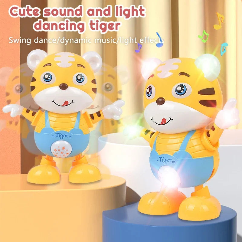 A cute, yellow tiger toy designed for sound and light dancing effects.