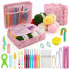 A pink organizer case containing a 59-piece beginner crochet kit with various colored yarn and needles.