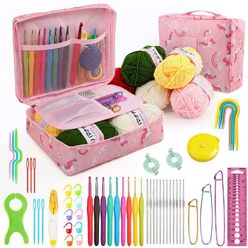 A pink organizer case containing a 59-piece beginner crochet kit with various colored yarn and needles.