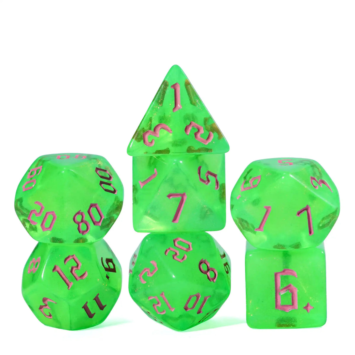 A set of seven translucent green polyhedral dice, including a tetrahedron and a cube.