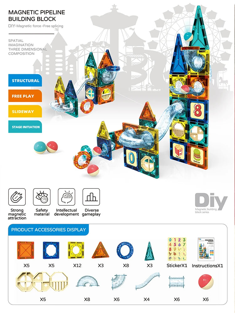 A set of magnetic pipe building blocks in various colors and shapes for children's construction play