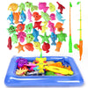 A colorful magnetic fishing game set with various fish and lures displayed in a blue tray.