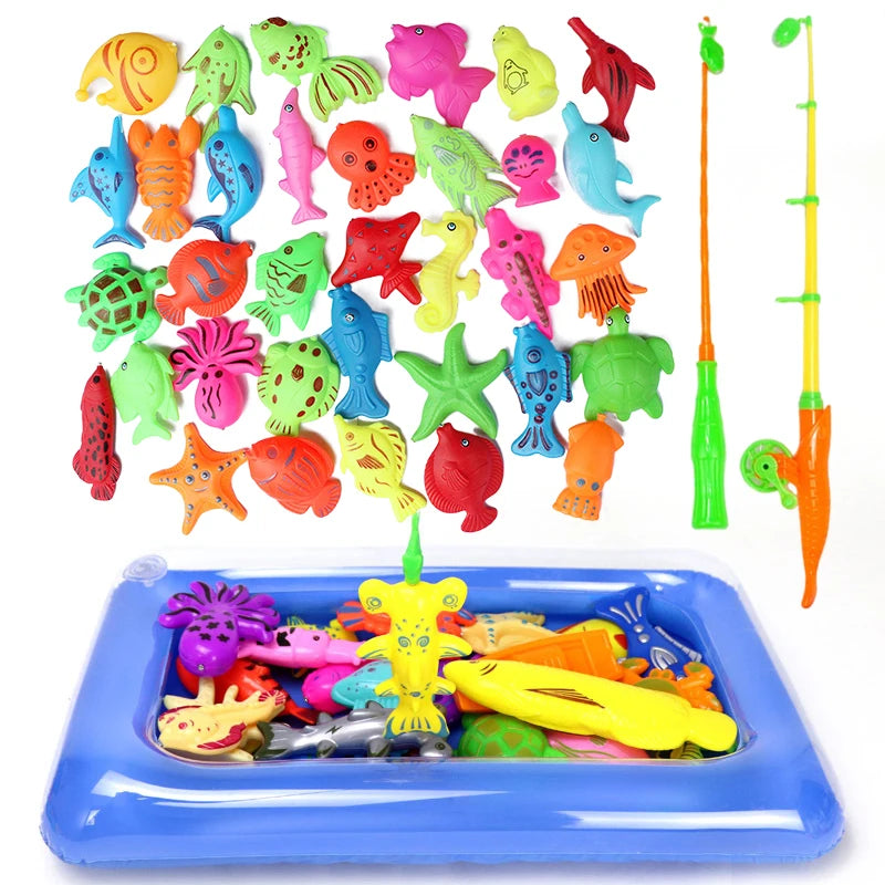 A colorful magnetic fishing game set with various fish and lures displayed in a blue tray.