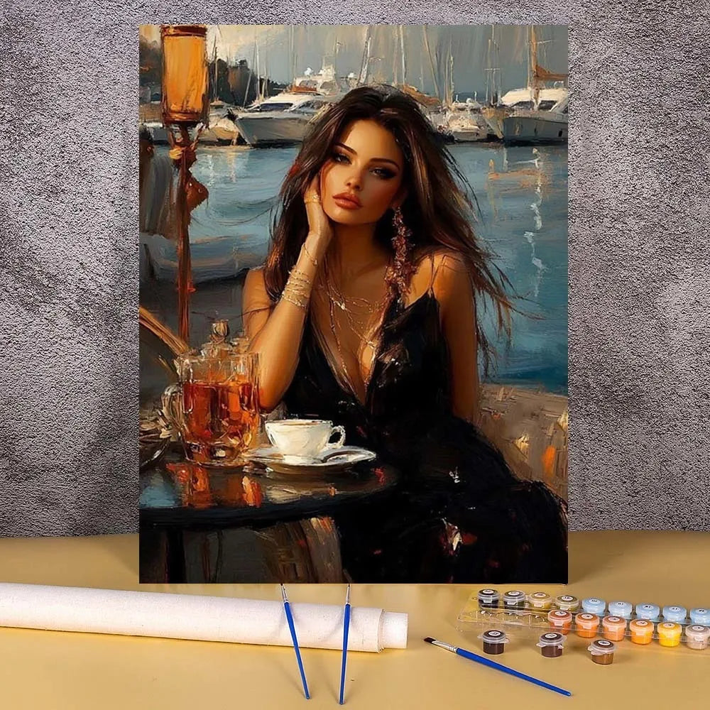 A painting of an elegant woman with long dark hair and gold jewelry, set against a seascape background.