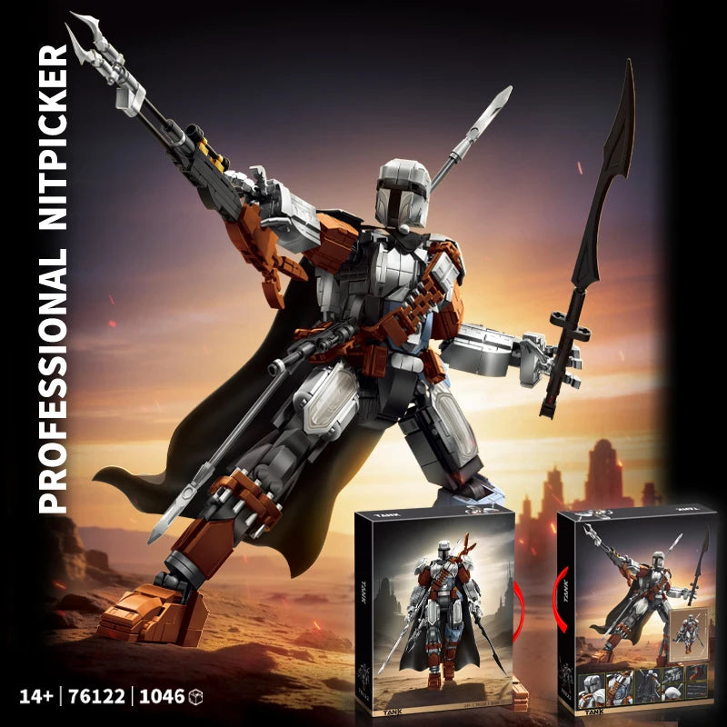 A professional nitpicker figure in armored suit posing dynamically against a desert landscape.