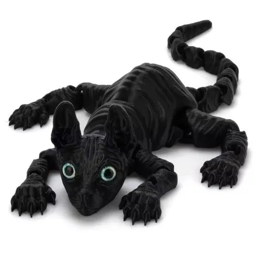 Black articulated 3D printed Sphynx cat figurine with textured skin and large eyes.