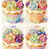 Four cupcakes decorated with colorful frosting and edible flowers, featuring watermelon and strawberry themes.