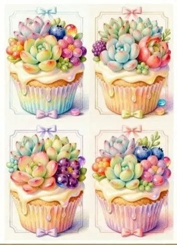 Four cupcakes decorated with colorful frosting and edible flowers, featuring watermelon and strawberry themes.
