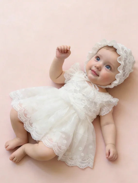 A baby girl wearing a white lace tulle dress and matching hat lying on a pink surface.