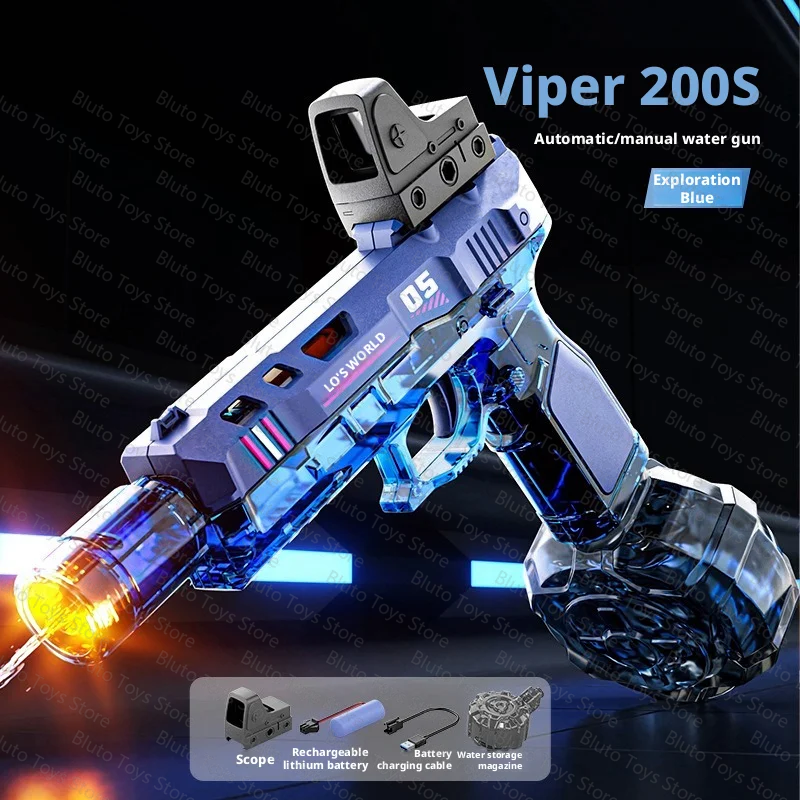 Viper 200S automatic/manual water gun in blue and silver, shown in a close-up view.