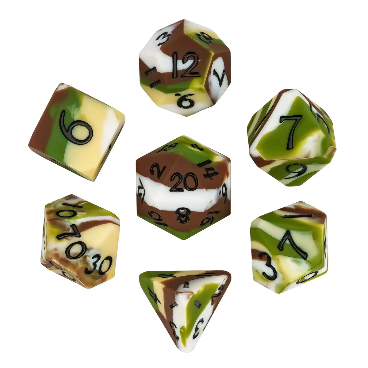 A set of silicone polyhedral dice, including a dodecahedron and a triangular die, with green and brown markings.