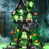 A detailed building block set of a spooky Halloween castle featuring a dark gray and green haunted house structure.