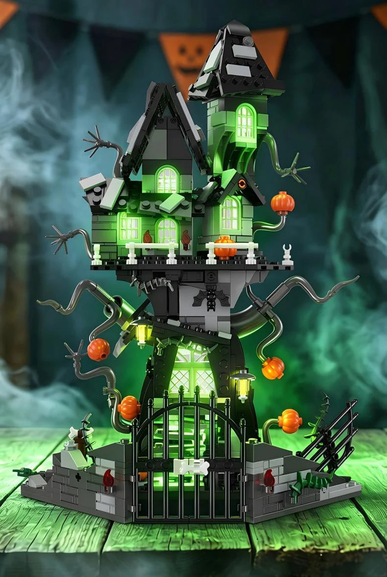 A detailed building block set of a spooky Halloween castle featuring a dark gray and green haunted house structure.