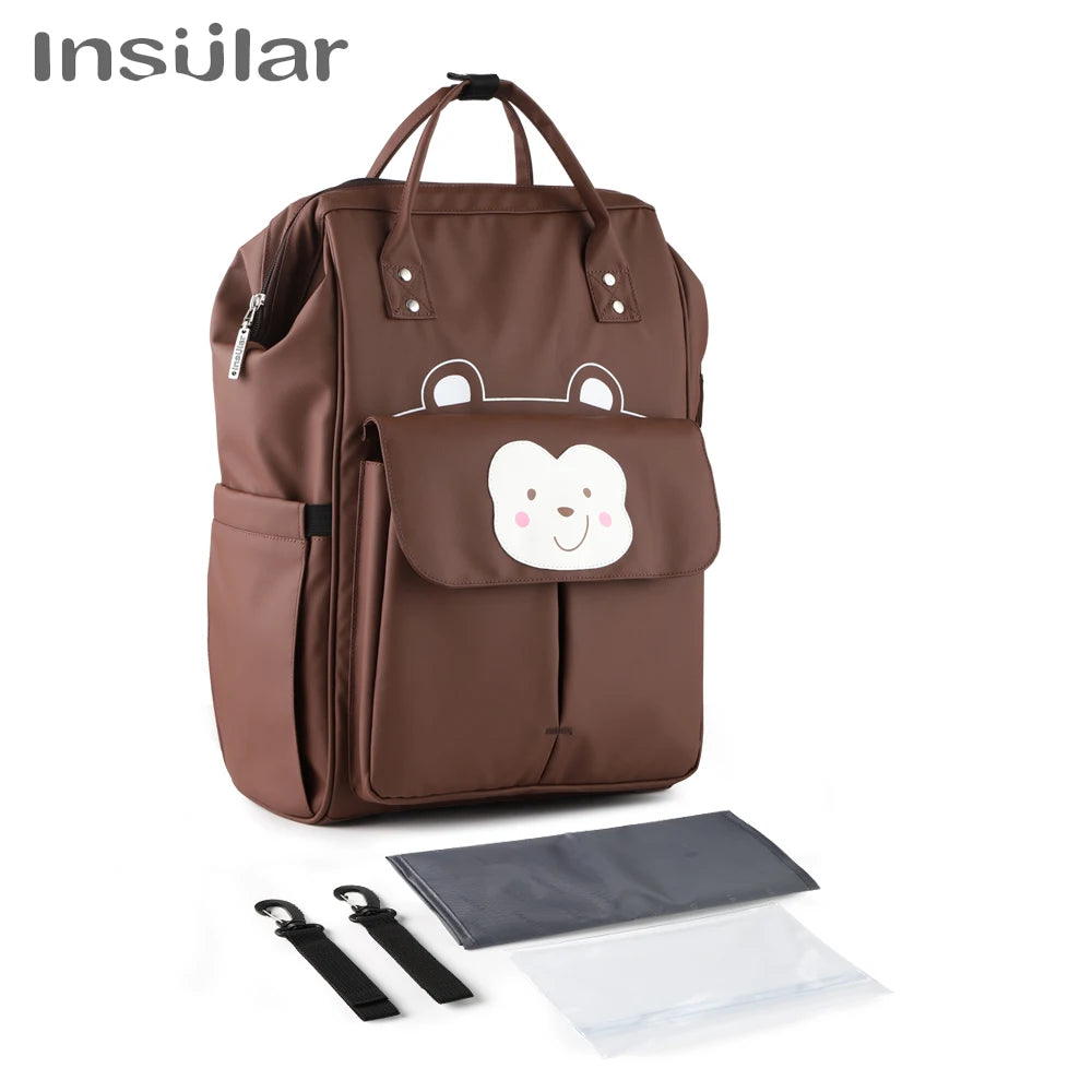 A brown Insular waterproof diaper backpack with a changing mat and stroller straps shown next to the accessories.