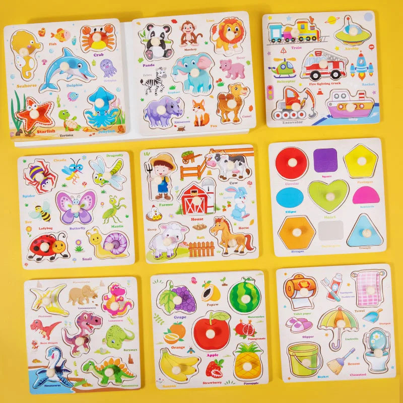 Toddler Wooden Puzzle Set - Animal, Traffic & Fruit Theme - Montessori Learning Toy