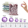 A clear bag of flat-back resin rhinestones in various shades of purple and pink, measured against a ruler.