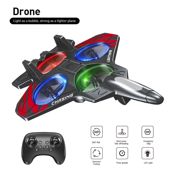 A black and red drone model with blue lights, shown alongside a remote controller.