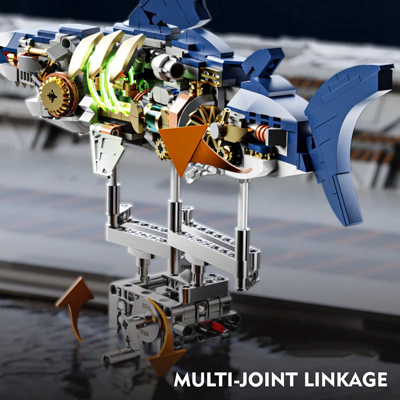 A detailed mechanical shark model built from multi-joint linkages and various components.