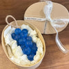 A silicone grape cluster mold with blue grapes is displayed next to its packaging.