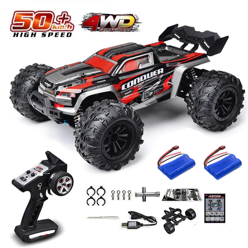 A black and red brushless 4WD monster truck RC car with large tires and accessories.
