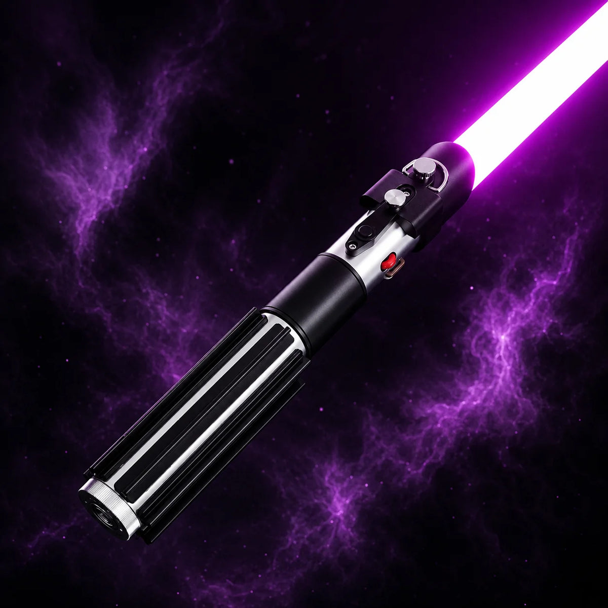 A black lightsaber with a bright purple blade is shown against a dark, smoky background.