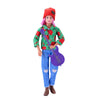 A female plush doll with pink hair and an orange beanie wearing a green shirt and blue jeans, holding a purple guitar.