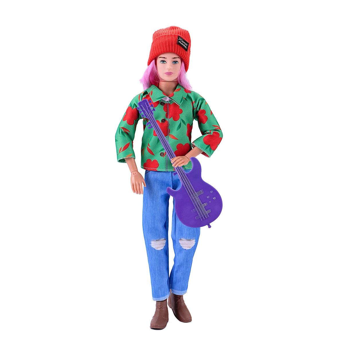 A female plush doll with pink hair and an orange beanie wearing a green shirt and blue jeans, holding a purple guitar.