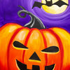 A vibrant painting of a carved orange jack-o'-lantern face under a purple night sky with a bat silhouette and a yellow moon.