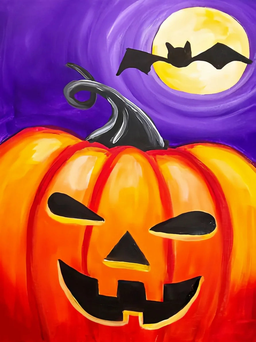 A vibrant painting of a carved orange jack-o'-lantern face under a purple night sky with a bat silhouette and a yellow moon.