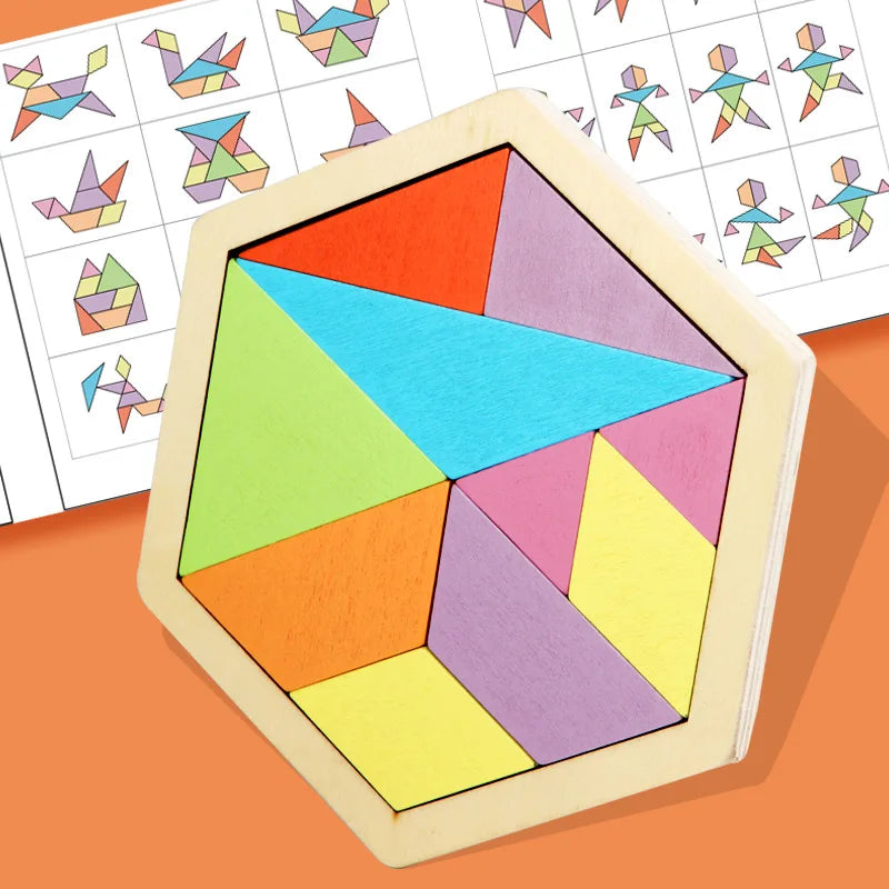 A wooden tangram puzzle set shaped like a hexagon, featuring colorful geometric pieces on an orange background.