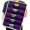 A box containing five skeins of purple alpaca wool yarn for knitting and crochet projects.