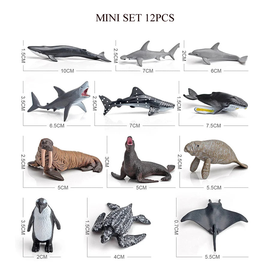 A mini set of 12 realistic ocean animal figurines including a whale, shark, dolphin, turtle, and penguin.