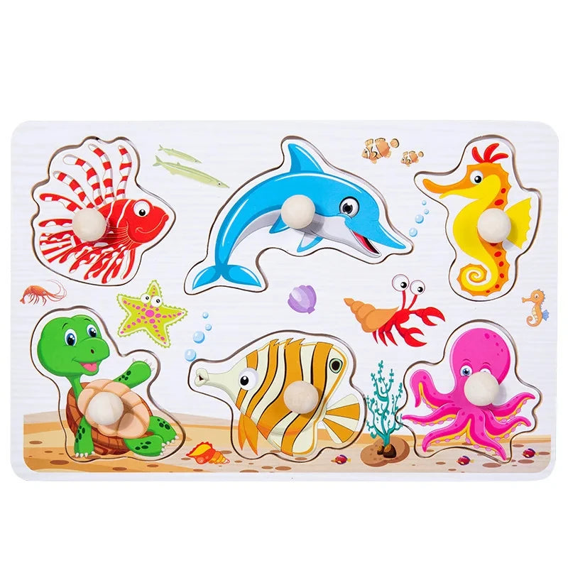 A wooden puzzle board featuring various colorful sea creatures and animals for toddlers.