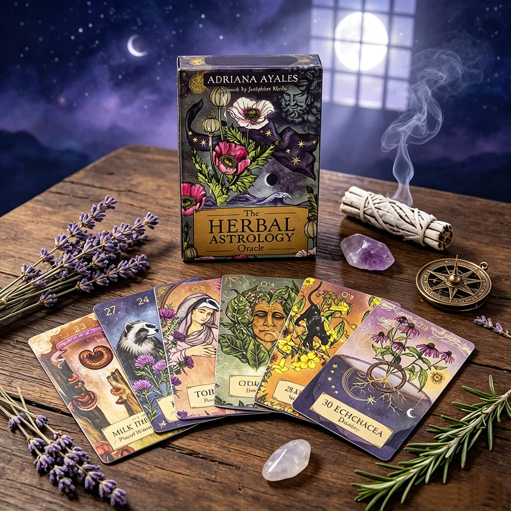 A collection of herbal astrology oracle cards and a box displayed on a wooden table with lavender and rosemary.
