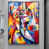 A vibrant abstract painting featuring bold lines and shapes in red, orange, blue, and black.