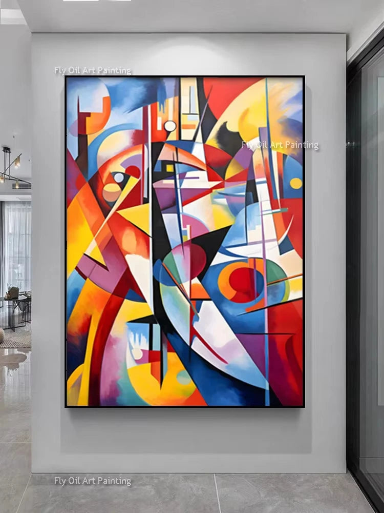 A vibrant abstract painting featuring bold lines and shapes in red, orange, blue, and black.